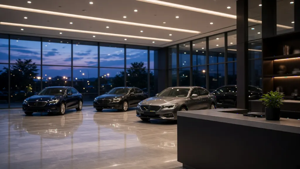 New cars parked in a glass-walled Indian automobile dealership showroom at dusk