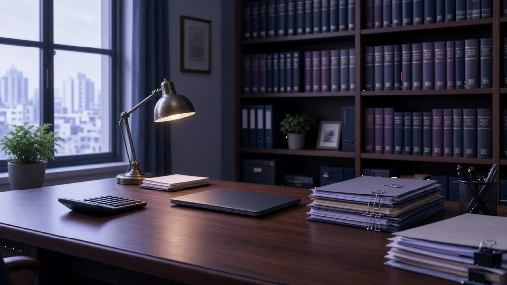 Indian chartered accountant office desk with ledgers, a calculator and evening lamp light