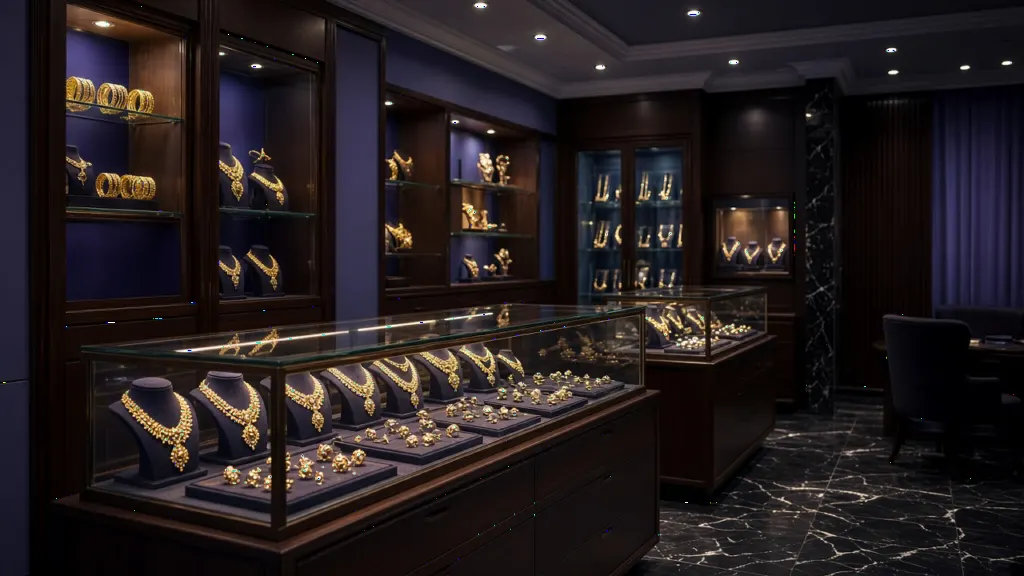 Glass jewellery display cases with gold necklaces in a premium Indian jewellery shop