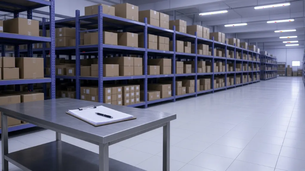 Rows of medicine cartons on pallet racks in an Indian pharmaceutical wholesale warehouse
