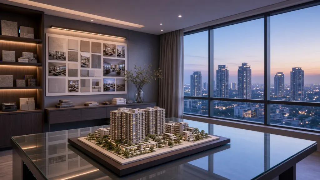 Architectural models of apartment towers in an Indian real estate developer office