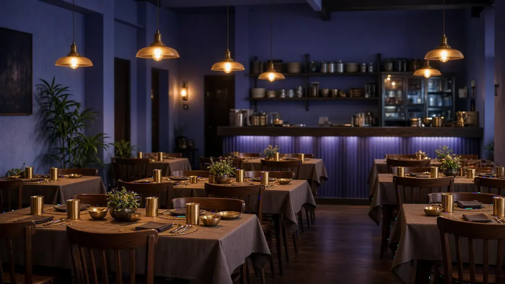 Empty Indian restaurant dining room with set tables, brass glasses and warm pendant lights